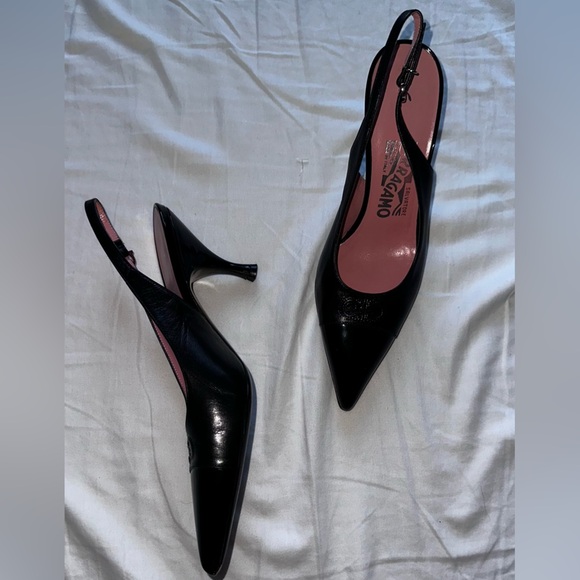 Salvatore Ferragamo Black kitten sling back Heels size 6 Y2K mules pointed toe - Picture 8 of 8